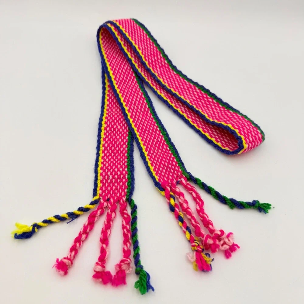 Handwoven Pink Striped Textile Sash Belt Woven Boho Tassel Faja 25 Inch